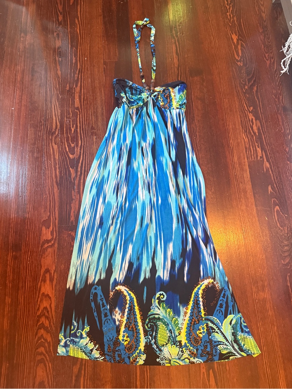 Vintage Blue Summer SunDress with Beaded Halter Neckline